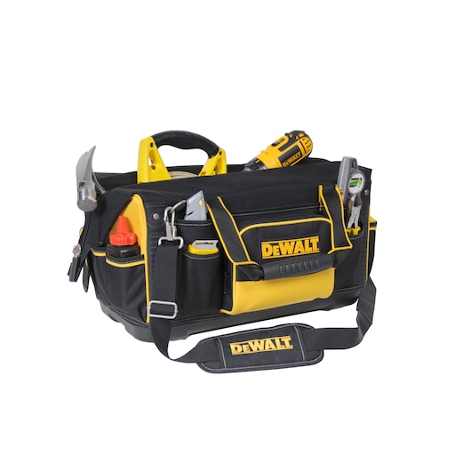 A DEWALT branded black and yellow tool bag with multiple pockets, filled with various hand tools and accessories including a drill, hammer, spirit level, and bottle.