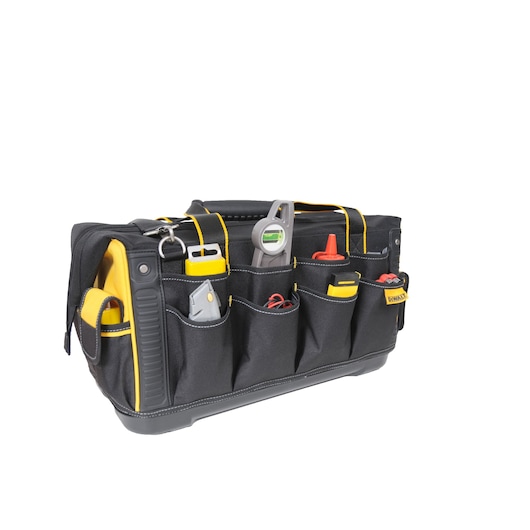 A black and yellow DEWALT tool bag with multiple external pockets containing various hand tools, including a utility knife, a level, a screwdriver, and other small tools and accessories.