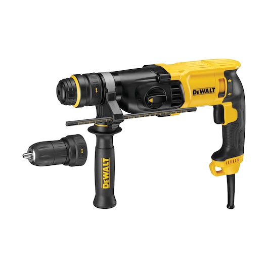 A DEWALT branded electric rotary hammer drill with a yellow and black design, featuring a side handle and a removable drill chuck attachment, shown against a white background.