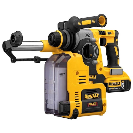 A DEWALT cordless rotary hammer drill with an attached dust extraction system, featuring a HEPA filter. The tool is yellow and black with ergonomic handles and control settings on the side.