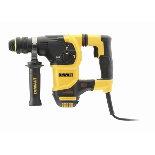 A DEWALT branded yellow and black electric rotary hammer drill with a side handle and a power cord, shown against a white background.
