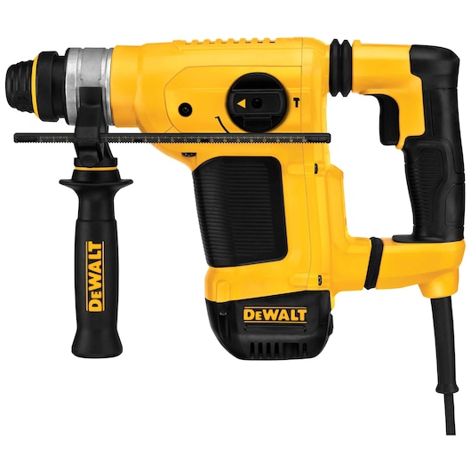 A yellow and black DEWALT electric rotary hammer drill with a side handle and depth rod, designed for heavy-duty construction work.