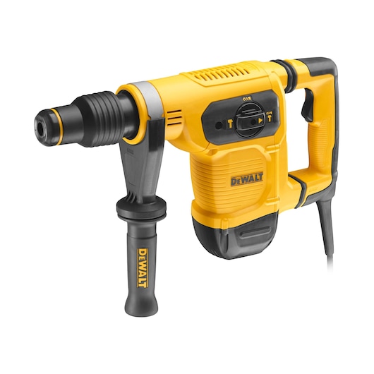 A yellow and black DEWALT rotary hammer drill with a side handle and visible control settings.