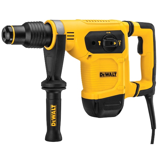 A yellow and black DEWALT electric rotary hammer drill with a side handle and a power cord, model D25481K, designed for heavy-duty drilling and chiseling tasks.