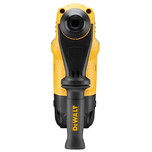Front view of a DEWALT yellow and black power tool with a handle, showing the tool's barrel and grip.