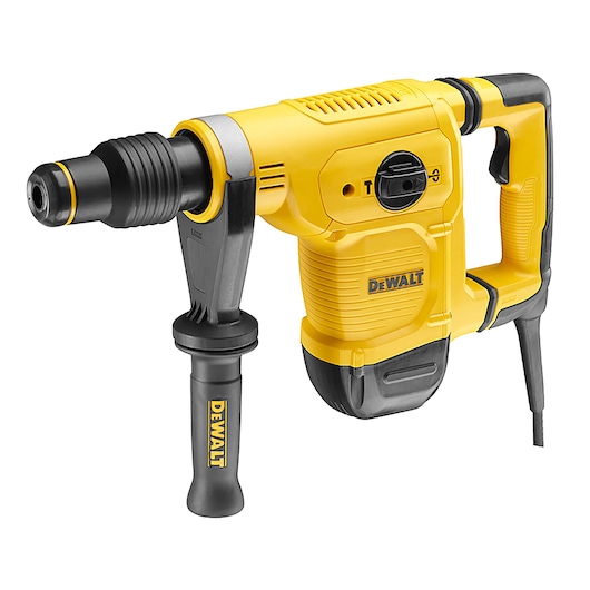 A yellow and black DEWALT electric rotary hammer drill with a side handle, shown against a white background.