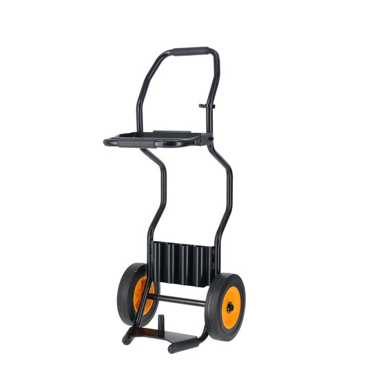 Black DEWALT utility cart with two orange wheels, sturdy handle and platform for carrying equipment.