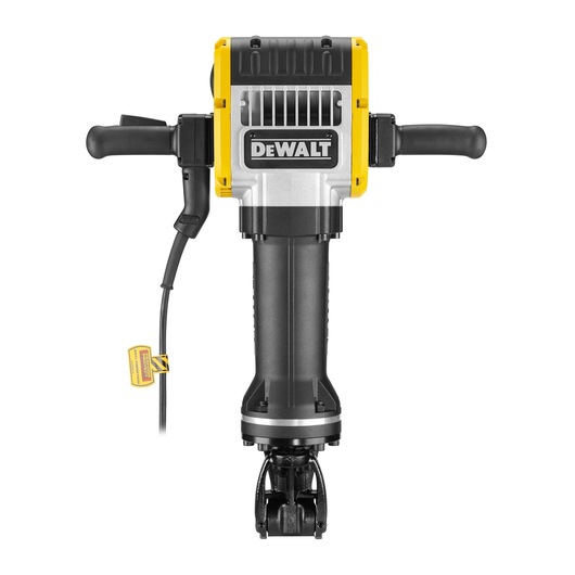 Front view of a DEWALT electric jackhammer with two black side handles, a yellow and silver motor housing, and a visible power cord.