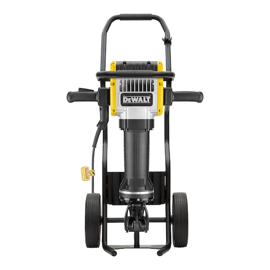 Front view of a DEWALT heavy-duty demolition hammer mounted on a wheeled stand, designed for construction and breaking concrete surfaces.