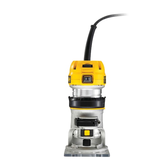 A DEWALT D26200 compact electric router with a yellow and silver body and a black power cord, shown upright against a white background.