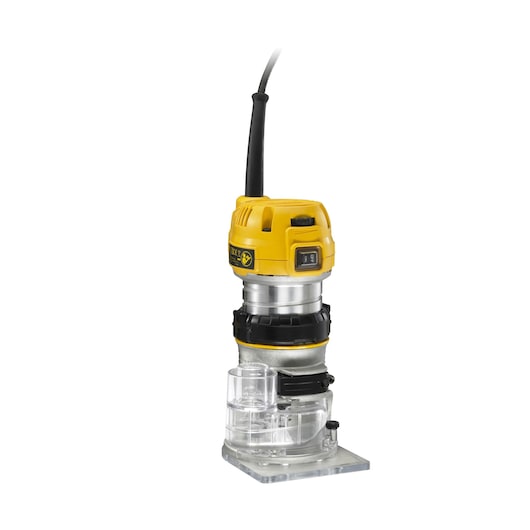 A yellow and black DEWALT handheld compact router with a clear plastic base and a power cord attached.
