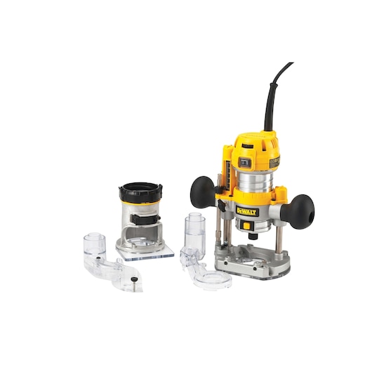 DEWALT D26204K woodworking router tool kit with yellow and black router, interchangeable bases, and clear dust extraction attachments, displayed on a white background.