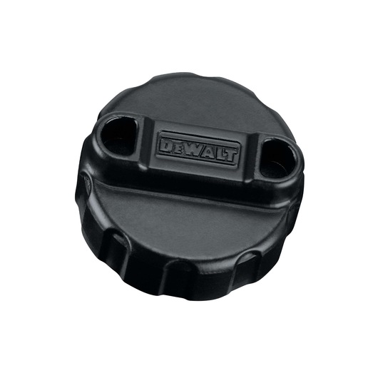 A close-up image of a black DEWALT replacement tool part, designed with a round shape and two holes, featuring the DEWALT logo embossed on the top.