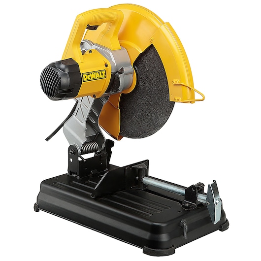 A DEWALT branded metal cutting chop saw with a yellow housing, abrasive disc blade, and a sturdy black base. The saw includes a handle for operation and a clamp mechanism for securing materials.