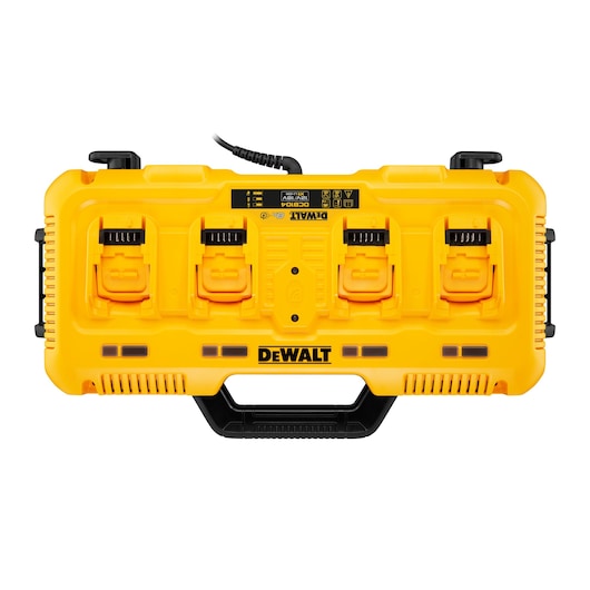 DEWALT DCB104 yellow four-port battery charger for power tools, top view with handle and charging slots.