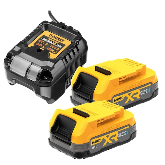 DEWALT battery charger and two 18V lithium ion XR Power Stack batteries, shown in black and yellow.