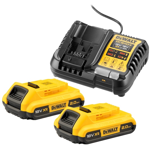 DEWALT DCB1104D2 kit showing a battery charger and two yellow 18V XR lithium-ion 2.0Ah batteries.