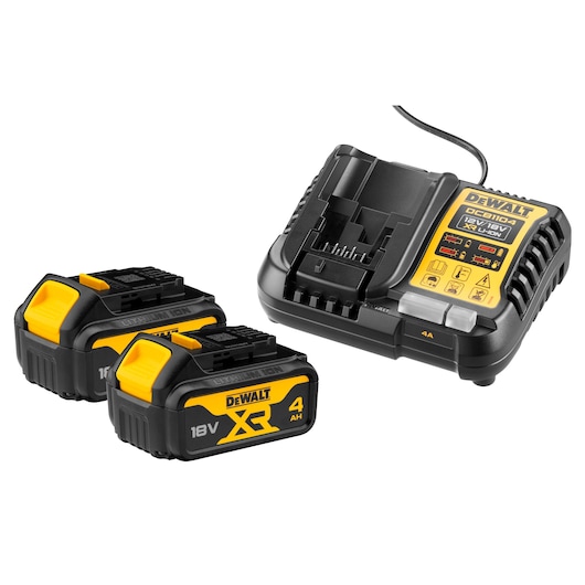 DEWALT battery charger set including one charging unit and two 18V XR 4Ah lithium-ion batteries, shown on a white background.