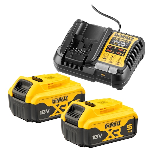 DEWALT DCB1104P2 set including an 18V battery charger and two yellow and black XR lithium-ion 18V 5Ah batteries.