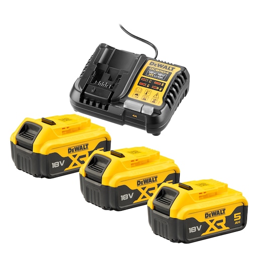 A DEWALT battery charger and three DEWALT 18V XR 5Ah lithium-ion batteries, all in yellow and black color. The charger has detailed labels and is shown with a power cord.