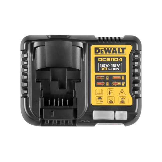 Front view of a DEWALT DCB1104 battery charger for 12V/18V XR Li-Ion batteries. The charger is black with a yellow label showing product information and safety icons.
