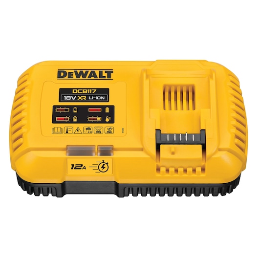 A yellow DEWALT DCB117 18V XR Li-Ion battery charger with black accents and detailed instructions printed on top.