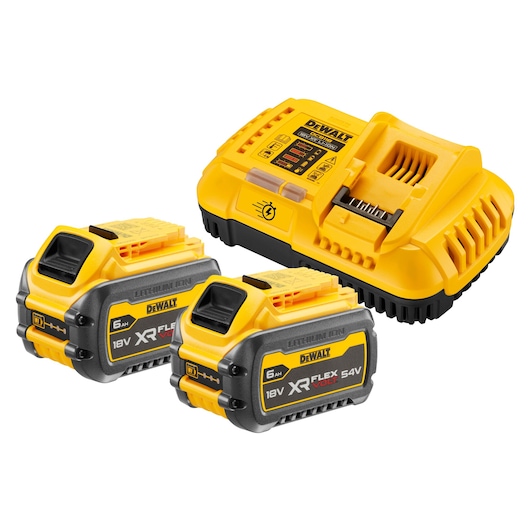 A DEWALT battery charger kit with two yellow and black lithium-ion batteries (XR FLEXVOLT 18V/54V 5.0Ah) and a matching yellow battery charger.