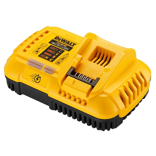 A DEWALT DCB118 yellow and black fast charger for 18V and 54V lithium-ion power tool batteries, shown on a white background.