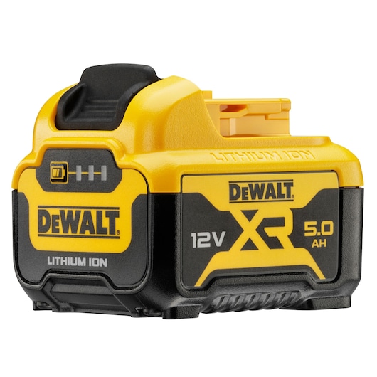 DEWALT 12V XR lithium ion battery with 5.0 Ah capacity, shown in yellow and black casing, suitable for power tools.