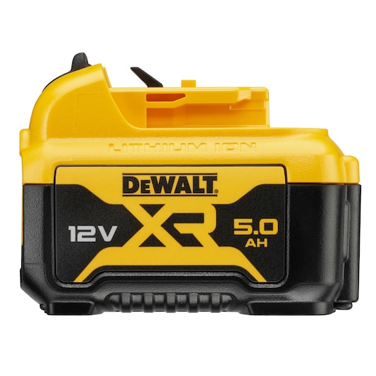A DEWALT XR 12V 5.0Ah lithium-ion battery pack for power tools, shown close-up with yellow and black casing.