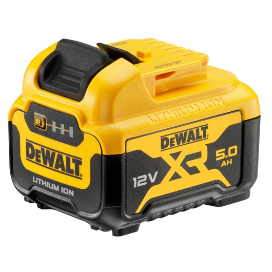 A yellow and black DEWALT 12V XR lithium-ion battery with a capacity of 5.0 Ah. The battery features branding and indicators on the case.