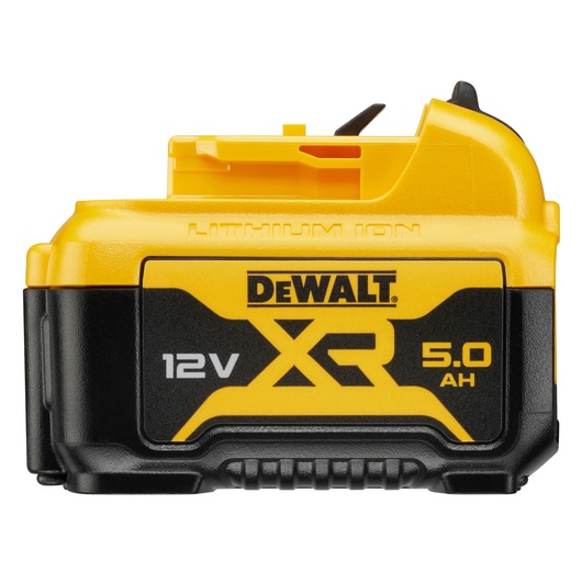 Close-up image of a DEWALT 12V XR Lithium Ion battery with a capacity of 5.0 Ah, showing its yellow and black exterior.