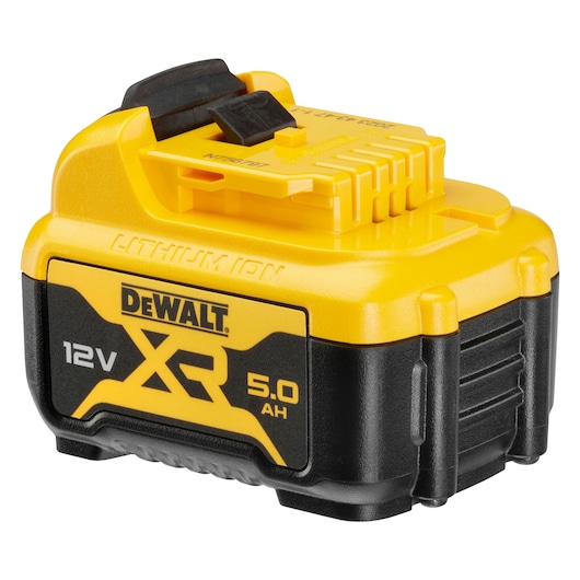 A yellow and black DEWALT XR 12V lithium-ion battery pack with 5.0 Ah capacity, featuring branded labeling and connectors on top.