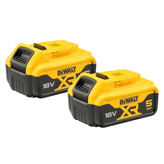 Two DEWALT XR 18V 5Ah rechargeable lithium-ion batteries, designed for use with power tools. The batteries are yellow and black, with visible branding and battery specifications on the side.