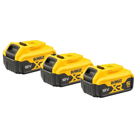 Three DEWALT XR 18V 5Ah rechargeable batteries, yellow and black, displayed side by side on a white background.