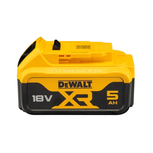 A close-up image of a DEWALT XR lithium-ion battery pack with an 18V voltage and 5Ah capacity. The battery is yellow and black in color and displays branding and specifications on its side.