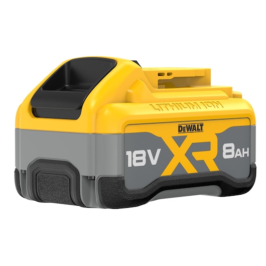 A DEWALT XR lithium ion battery with 18V and 8Ah capacity, featuring a yellow and grey design.
