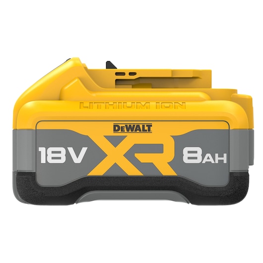 DEWALT XR 18V 8Ah lithium-ion battery, shown in a close-up view with yellow and gray casing, suitable for DEWALT power tools.