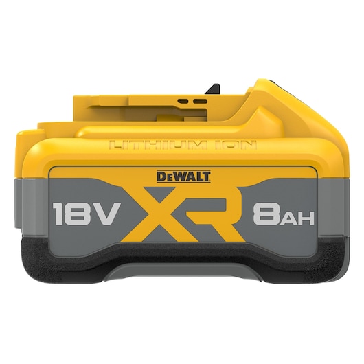 Front view of a DEWALT XR Lithium Ion battery with a capacity of 18V and 8Ah. The battery is yellow and grey with the DEWALT logo and technical details prominently shown.
