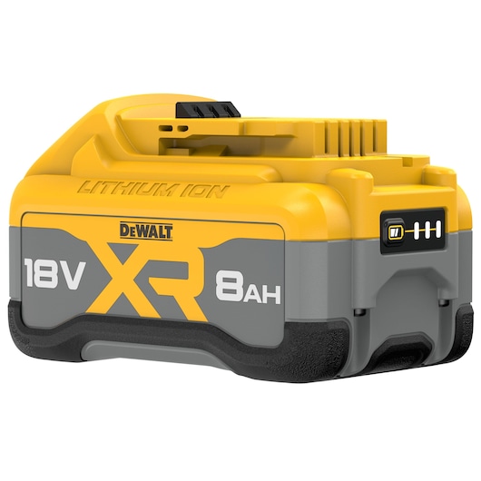 A DEWALT XR Lithium Ion battery with 18V and 8Ah capacity, featuring a yellow and gray design with a charge indicator on the side.