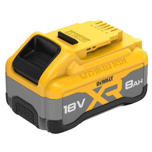 A DEWALT XR lithium-ion battery pack, model DCB1880, with 18V and 8Ah capacity, shown in yellow and gray color.