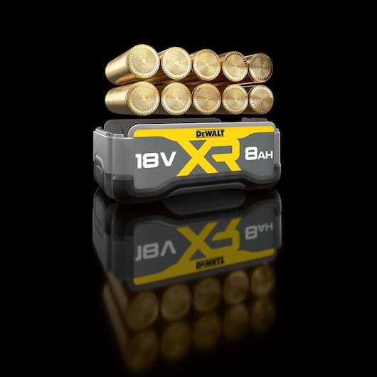 A DEWALT XR 18V 8Ah battery pack is shown with cylindrical battery cells stacked on top, set against a black reflective surface.