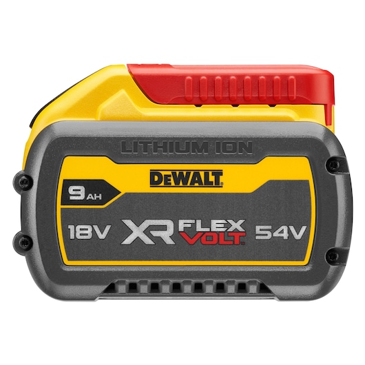 DEWALT DCB547 XR Flexvolt lithium-ion battery with 18V and 54V voltage rating, 9Ah capacity, featuring a yellow and gray housing with a red top.