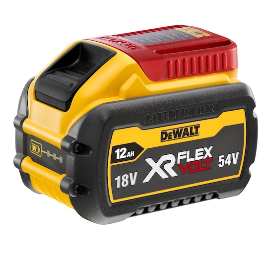 DEWALT XR FLEXVOLT 54V 12Ah lithium-ion power tool battery with black, yellow, and red casing, showing capacity and voltage markings.