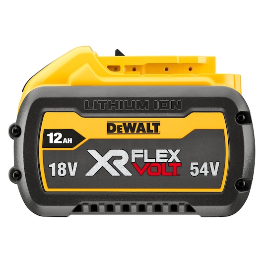 Close-up of a DEWALT XR FLEXVOLT lithium-ion battery pack, showing a yellow and black casing. The battery is labeled as 12 Ah, 18V, and 54V.