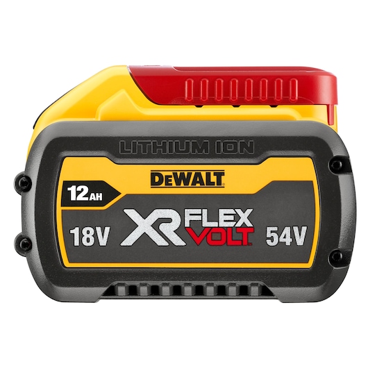 Front view of a DEWALT XR FLEXVOLT lithium-ion battery, model DCB548, with a capacity of 12 Ah. The battery is yellow, black, and red, and displays voltage ratings of 18V and 54V.