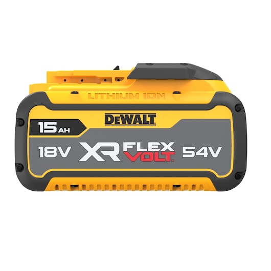 DEWALT XR FlexVolt lithium-ion battery, 15Ah capacity, compatible with 18V and 54V tools, shown in yellow and black color.