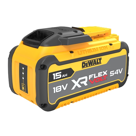 DEWALT XR FLEXVOLT 54V/18V lithium-ion battery with a capacity of 15Ah. The battery is yellow and black, and features branding and specifications prominently on its side.