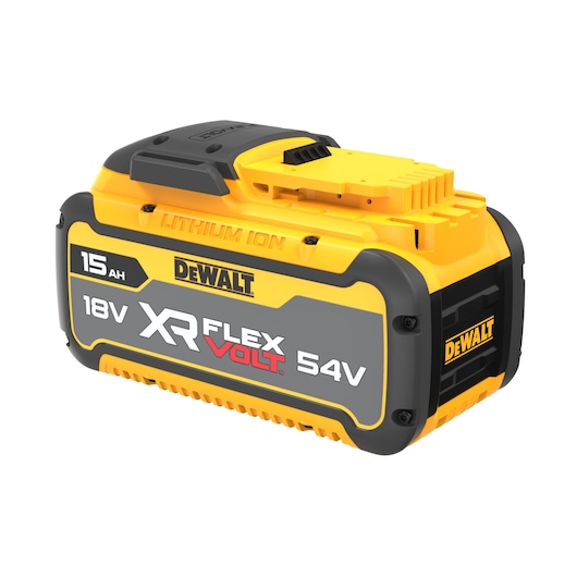 DEWALT XR FLEXVOLT lithium-ion battery, 18V/54V, 15Ah capacity, predominantly yellow and gray design, model DCB549.