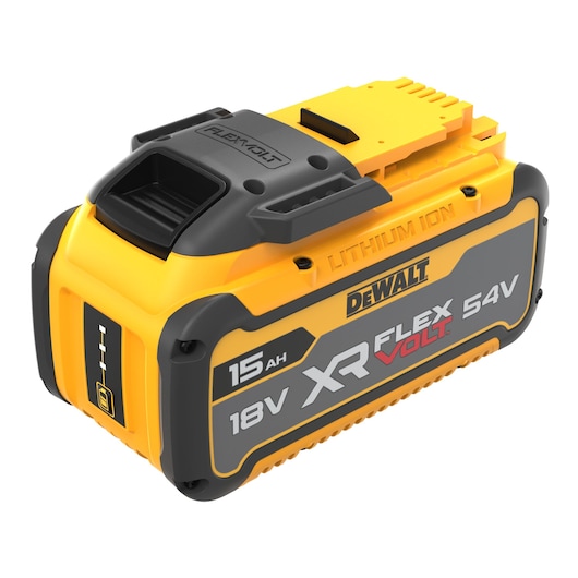 A DEWALT XR FLEXVOLT battery, model DCB549, 15Ah Lithium Ion, with 18V and 54V markings. The battery is predominantly yellow and black, with branding and label details on the side.